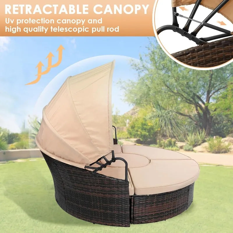 Cheap Outdoor Furniture with Retractable Canopy, Sectional Round Sofa Furniture Set, 5 Pieces Seating Seats